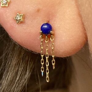 pair 14k gold chain lapis lazuli dangle dainty pushback flatback labret studs